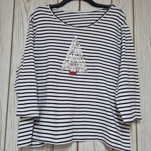 Serengeti Black White Striped Christmas Tree Festive LS Tee Silver Trim Size 2X